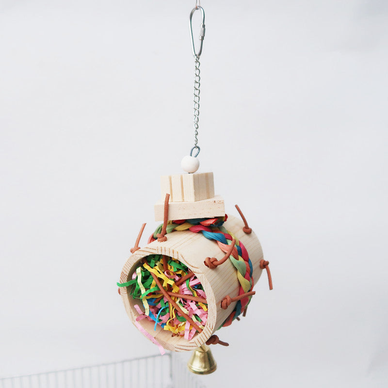 Wooden Parrot Chew Toy Hanging String with Bell 8x9.5x25cm 4