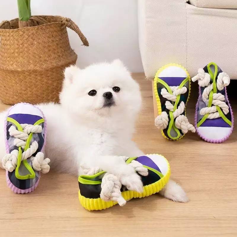 Canvas Dog Chew Toy Squeaky Shoe with Cotton Rope 3