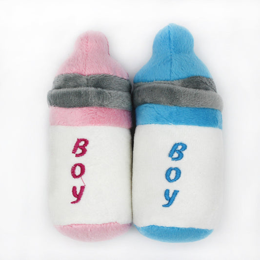 Bottle Plush Dog Toy Soft Chew Squeaky 14x6cm