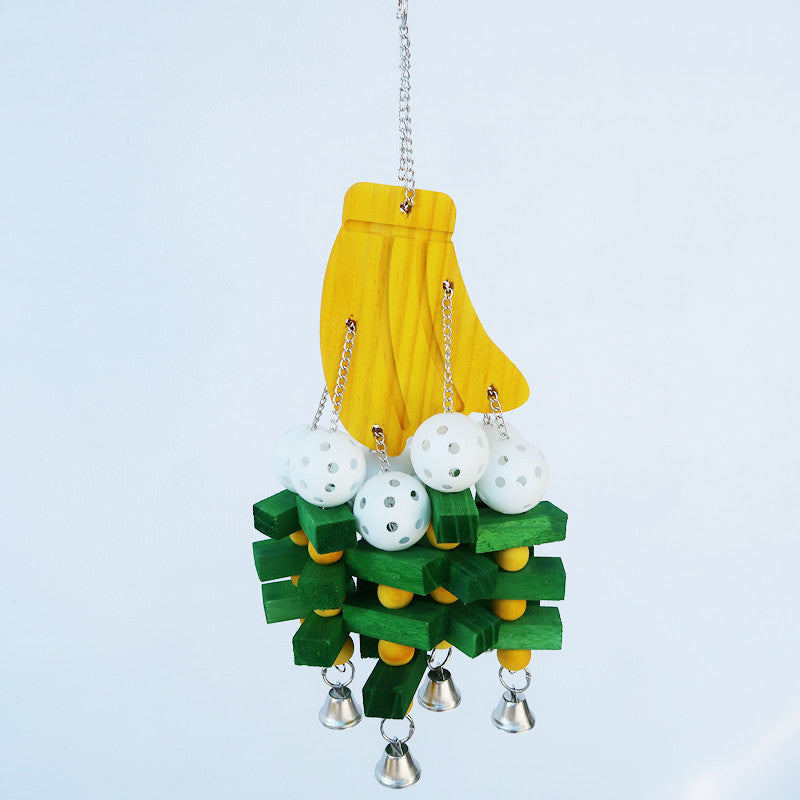 Wooden Parrot Chew Toy Hanging Bird Cage Toy With Bells