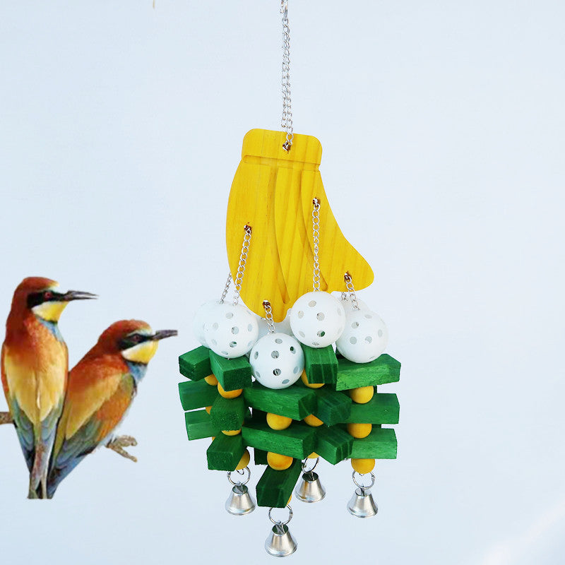 Wooden Parrot Chew Toy Hanging Bird Cage Toy With Bells 3