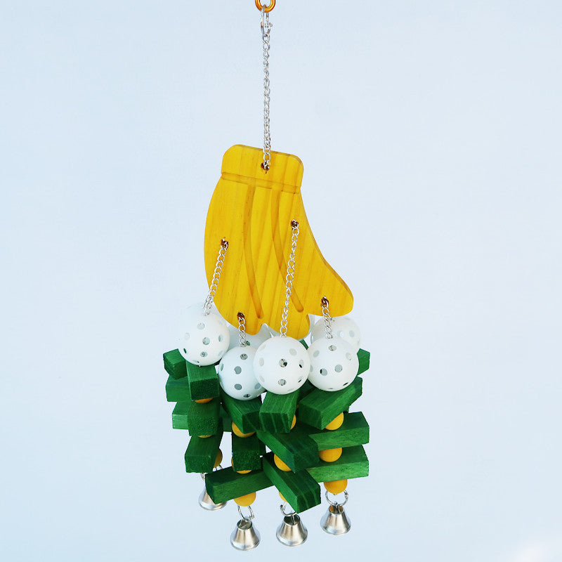 Wooden Parrot Chew Toy Hanging Bird Cage Toy With Bells 4