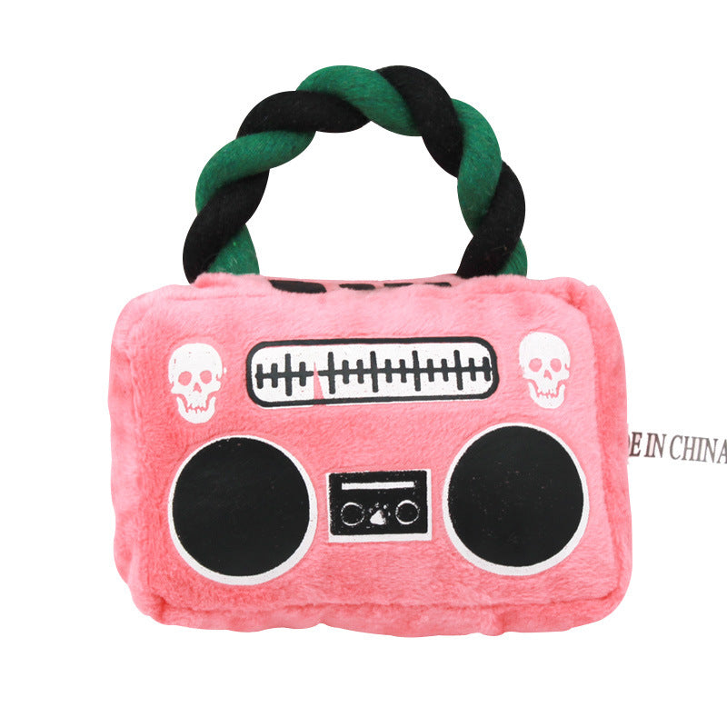 Plush Dog Toy Radio Shape with Cotton String Handle
