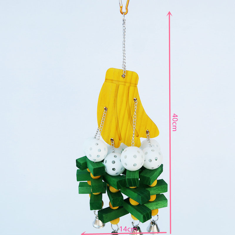 Wooden Parrot Chew Toy Hanging Bird Cage Toy With Bells 2
