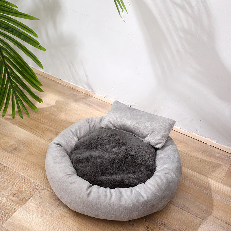 Warm Plush Dog Bed Round Nest with Pillow for Small Medium Dogs 2
