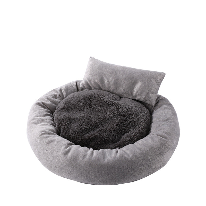 Warm Plush Dog Bed Round Nest with Pillow for Small Medium Dogs