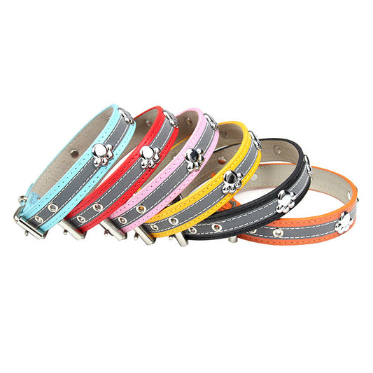 Reflective Artificial Leather Dog Collar Adjustable Sizes