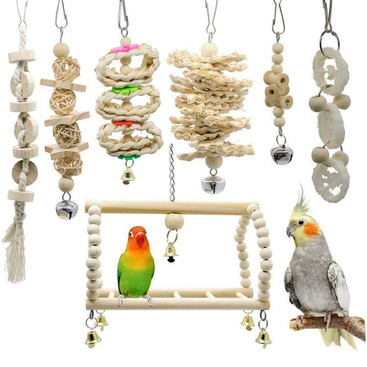 Wooden Parrot Toy Set Hanging Cage Toys for Parrots 7 Pack