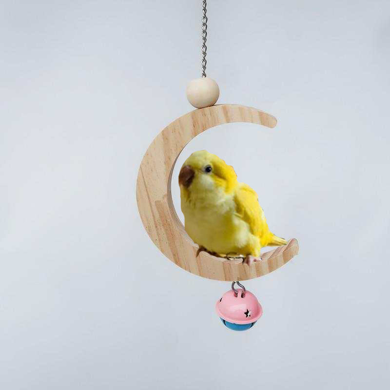 Wooden Parrot Swing Moon Shape Hanging Bird Cage Toy