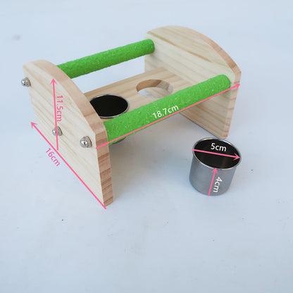 Wooden Parrot Training Toy Desktop Stand with Stainless Steel Bowls 4