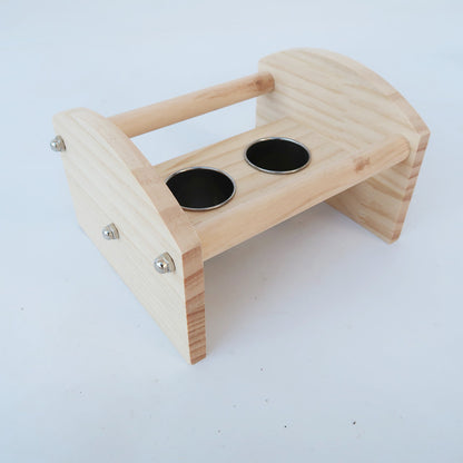 Wooden Parrot Training Toy Desktop Stand with Stainless Steel Bowls 2
