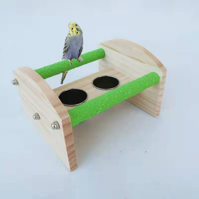 Wooden Parrot Training Toy Desktop Stand with Stainless Steel Bowls