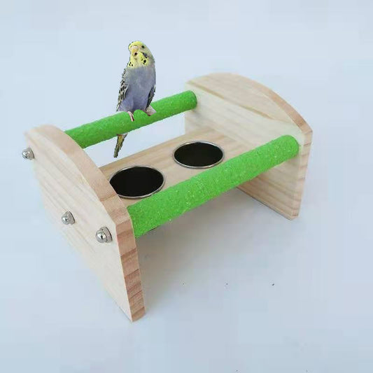 Wooden Parrot Training Toy Desktop Stand with Stainless Steel Bowls