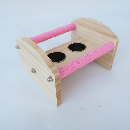 Wooden Parrot Training Toy Desktop Stand with Stainless Steel Bowls 3