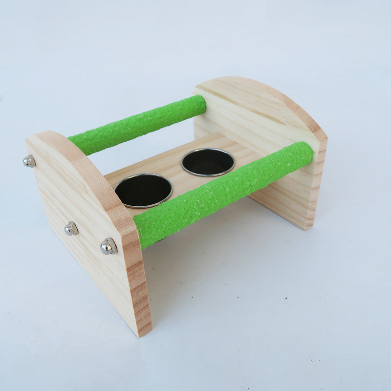 Wooden Parrot Training Toy Desktop Stand with Stainless Steel Bowls 5