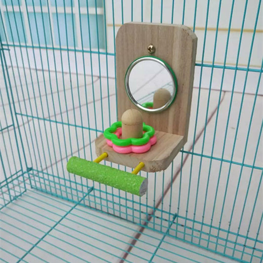 Wooden Parrot Mirror Toy Bird Cage Accessory 9.5x11x14cm