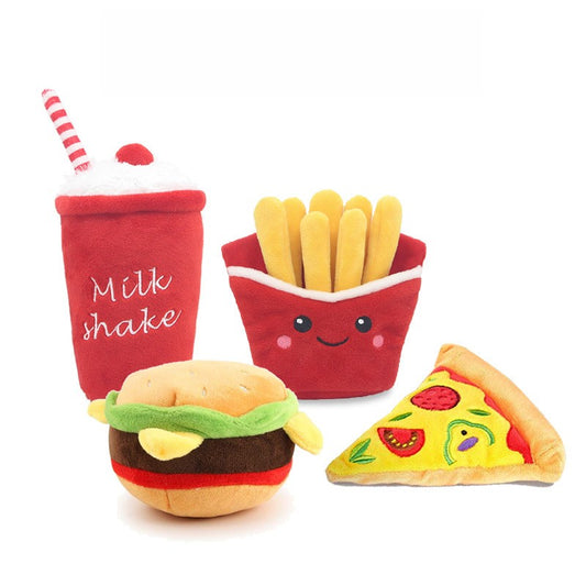 Plush Dog Toy Food Set Hamburger Fries Milk Pizza with Squeakers