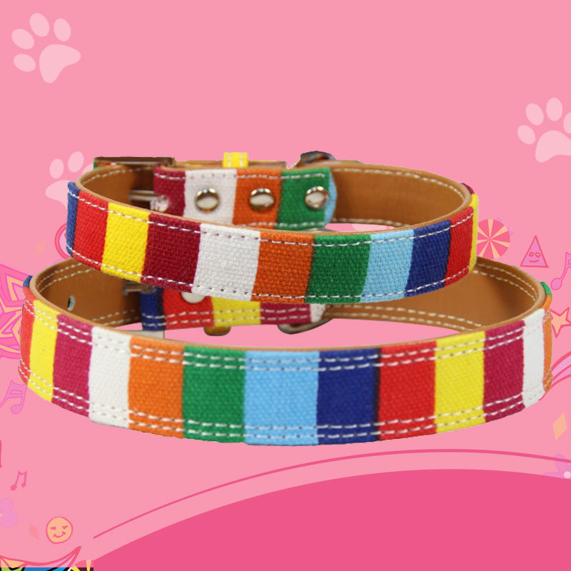 Canvas PU Dog Collar Colorful Stripe Adjustable Sizes 2