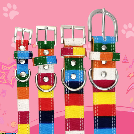 Canvas PU Dog Collar Colorful Stripe Adjustable Sizes
