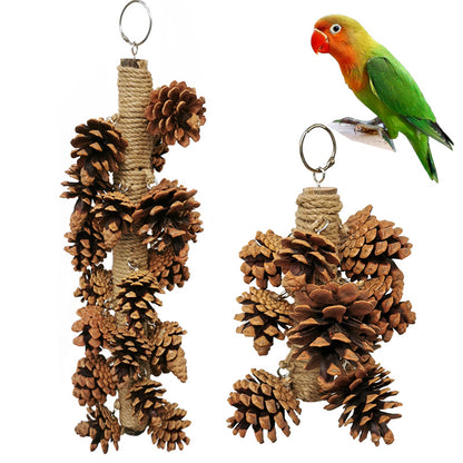 Wooden Parrot Chew Toy Skewers with Pine Cones Hanging Cage Accessory