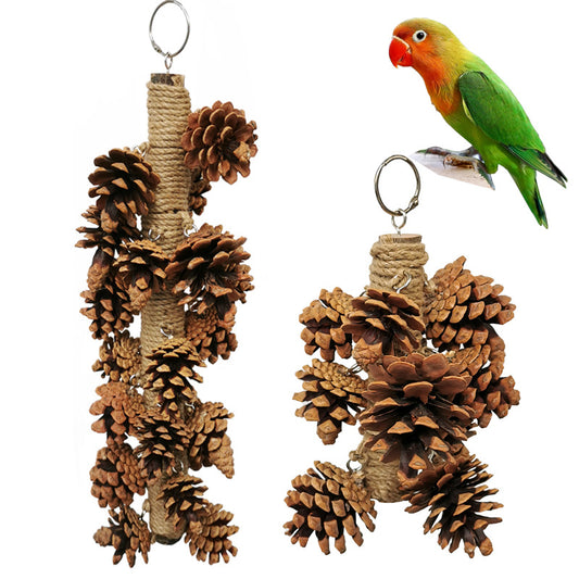 Wooden Parrot Chew Toy Skewers with Pine Cones Hanging Cage Accessory