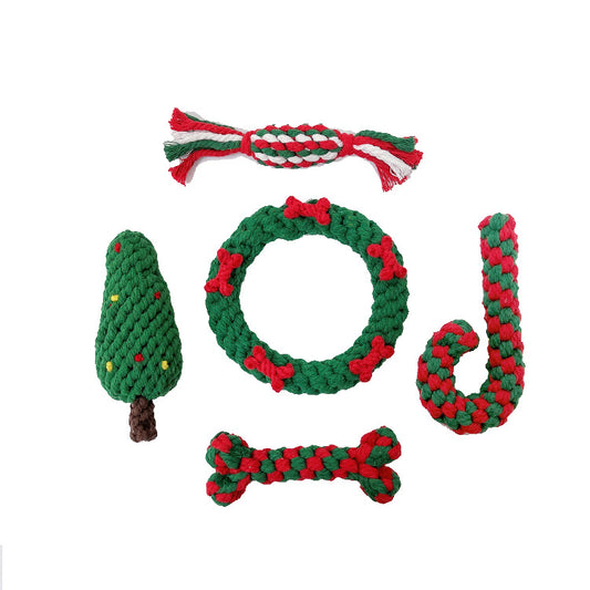 Cotton Dog Rope Toy Christmas Set 5 Pack Festive Chew Toys