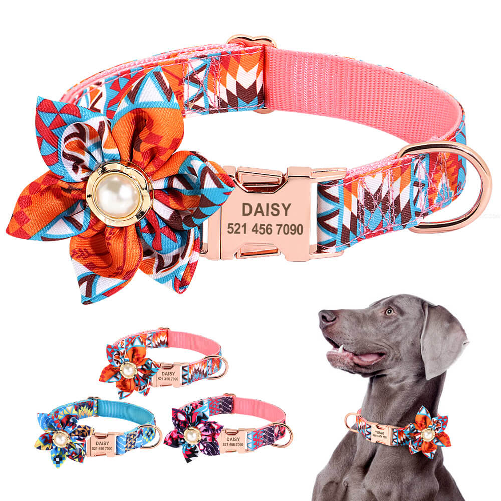 Flower Dog Collar Nylon Custom Laser Engraved Name and Phone 3