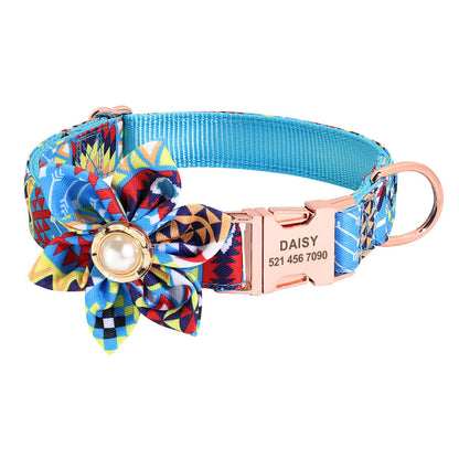 Flower Dog Collar Nylon Custom Laser Engraved Name and Phone