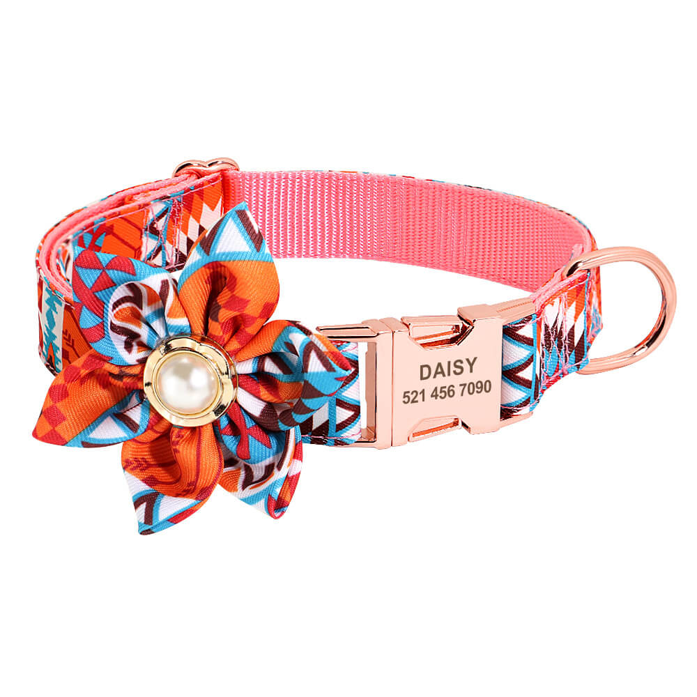 Flower Dog Collar Nylon Custom Laser Engraved Name and Phone