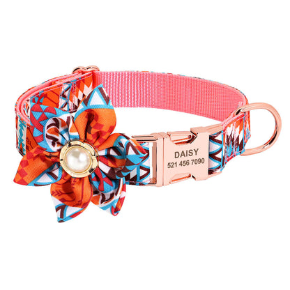 Flower Dog Collar Nylon Custom Laser Engraved Name and Phone