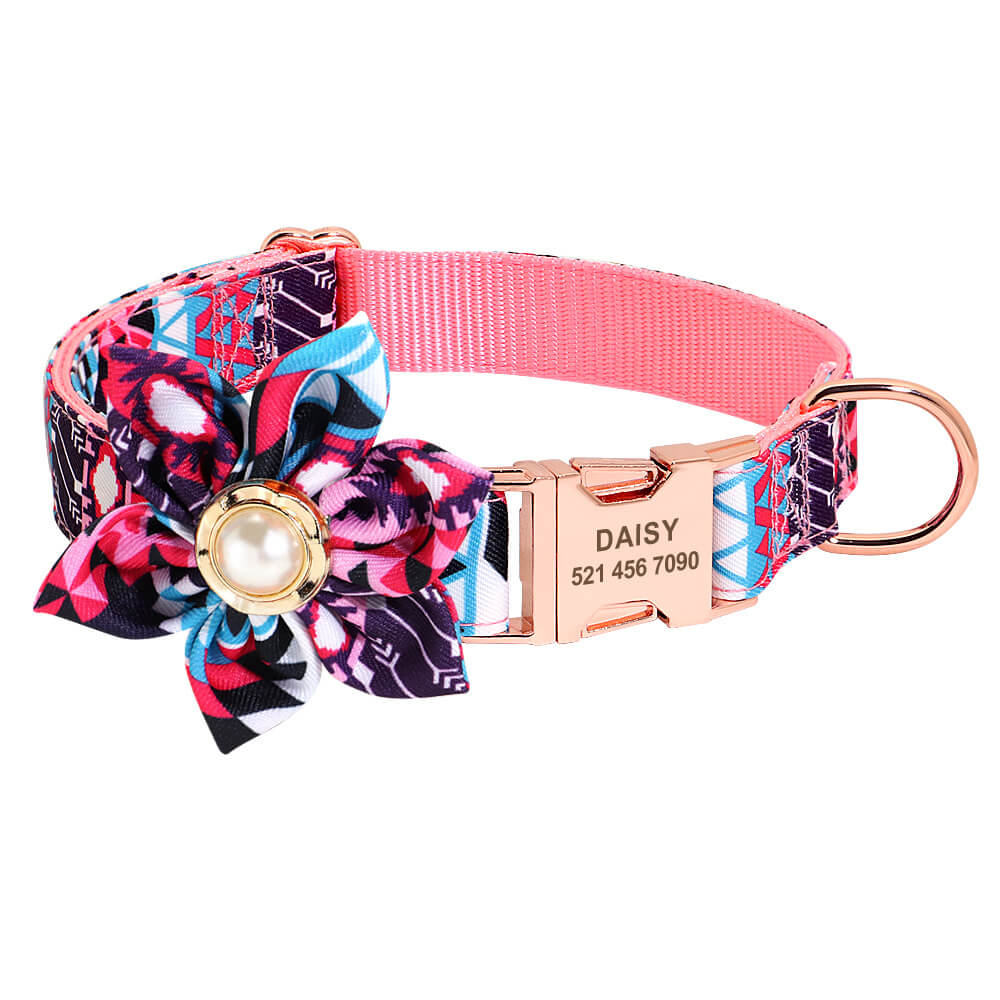 Flower Dog Collar Nylon Custom Laser Engraved Name and Phone