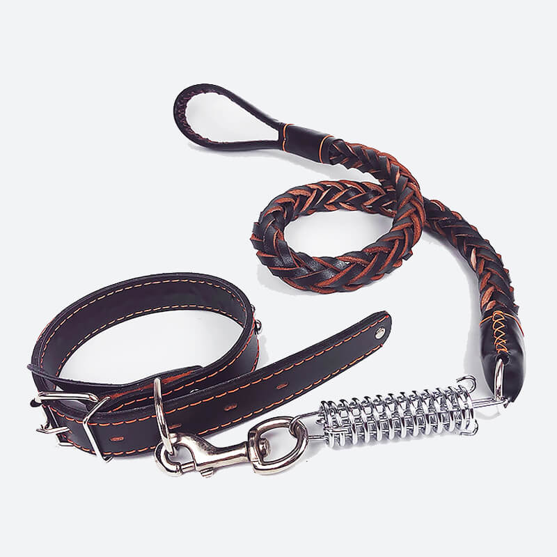 Leather Dog Collar with Cowhide Traction Rope Adjustable Sizes