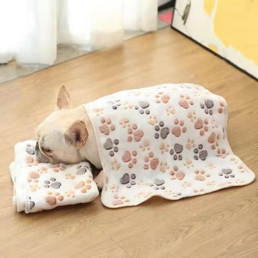 Coral Fleece Dog Blanket Soft Warm Paw Print Design