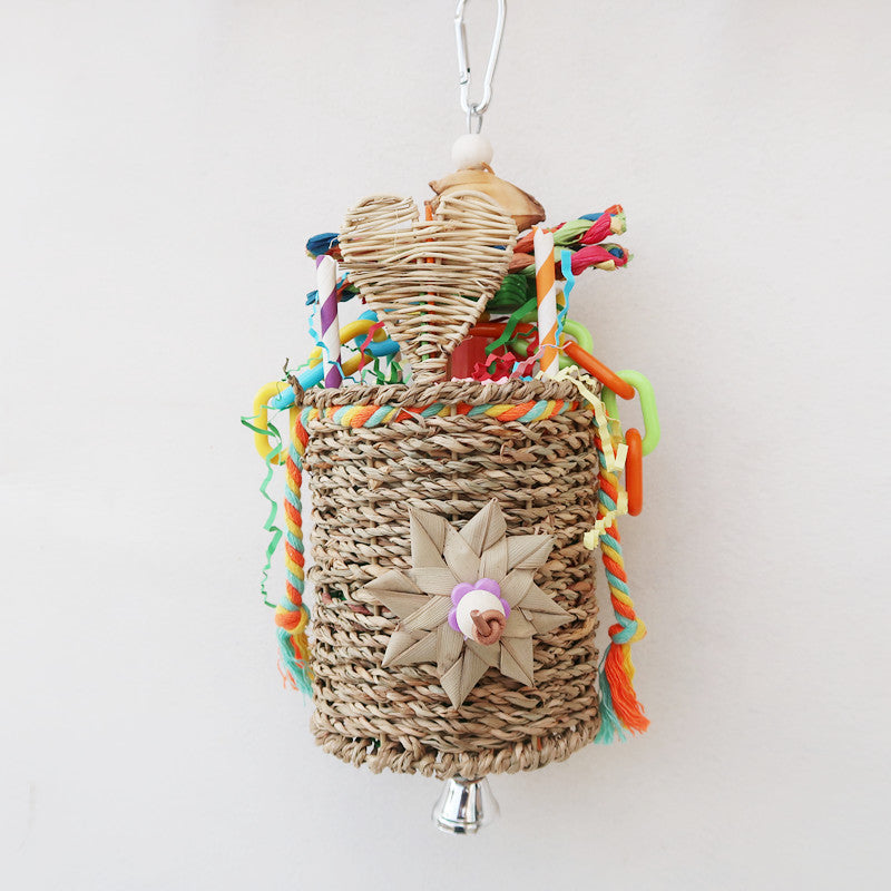 Natural Straw Parrot Foraging Bucket Hanging Bird Cage Toy