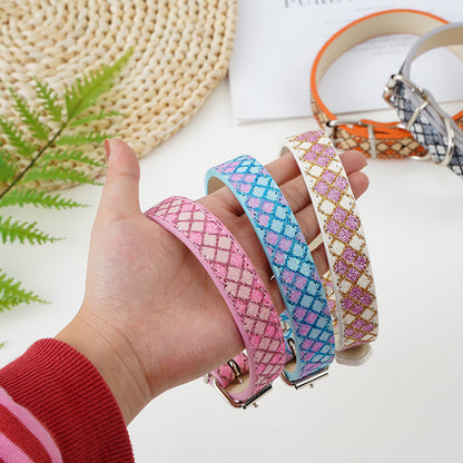 Plaid Sequins PU Dog Collar Adjustable Sizes S to XL 2