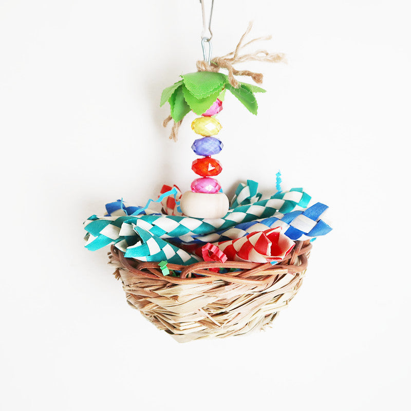 Natural Wood Parrot Chew Toy Straw Hanging Cage Accessory 4