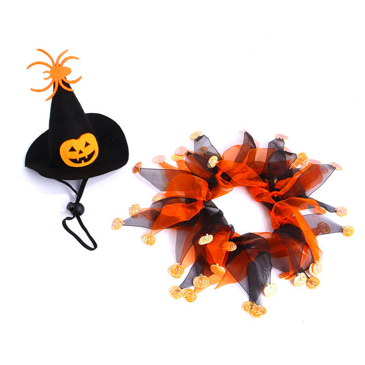 Cloth Cat Collar Halloween Pumpkin Hat and Scarf Set