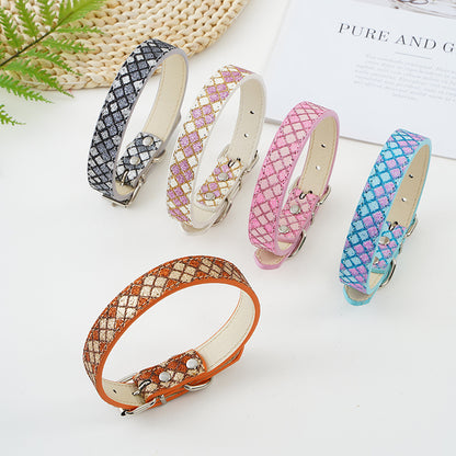 Plaid Sequins PU Dog Collar Adjustable Sizes S to XL