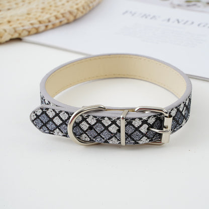 Plaid Sequins PU Dog Collar Adjustable Sizes S to XL 8