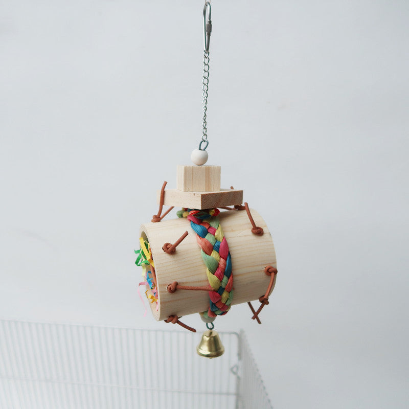 Wooden Parrot Chew Toy Hanging String with Bell 8x9.5x25cm 3