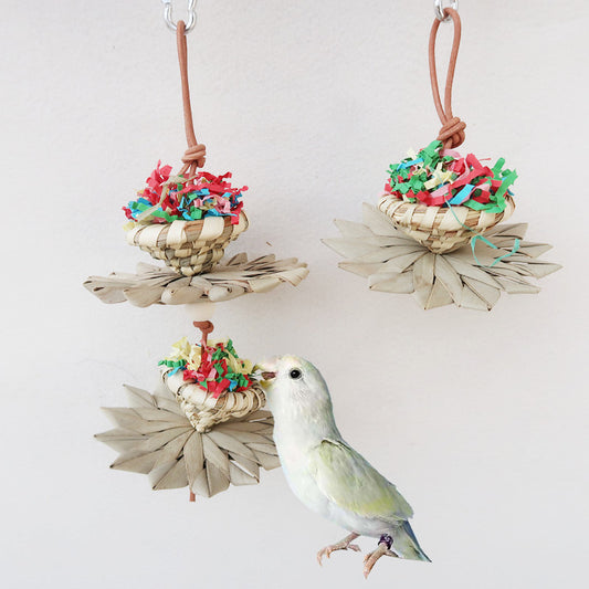 Woven Palm Leaf Parrot Chew Toy Sunflower Hanging String