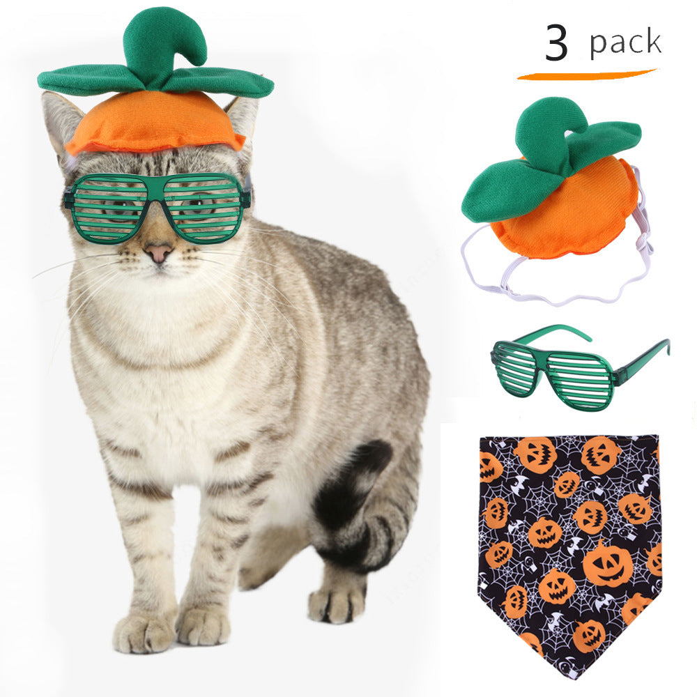 Halloween Dog Costume Set Pumpkin Hat Bandana and Glasses 3 Pack
