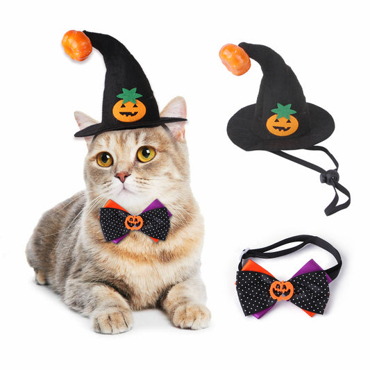 Halloween Dog Costume Set Cute Pumpkin Bow Tie with Witch Hat