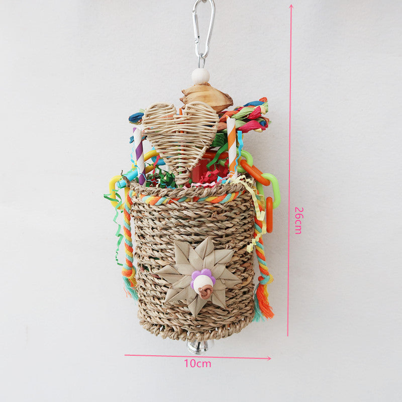 Natural Straw Parrot Foraging Bucket Hanging Bird Cage Toy 2