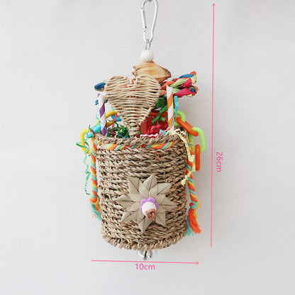 Natural Straw Parrot Foraging Bucket Hanging Bird Cage Toy 2