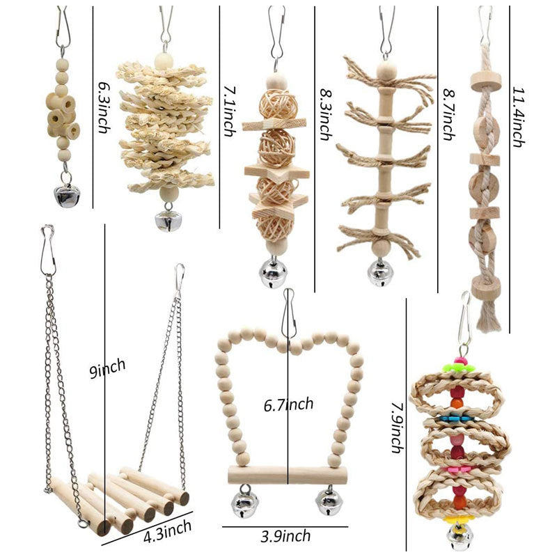 Wooden Parrot Toy Set Perch Swing Hanging 8 Pack 2