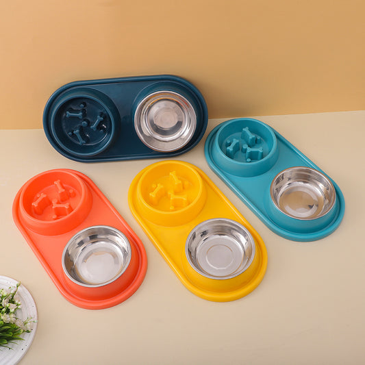 Slow Feeder Dog Bowl Food and Water PP Stainless Steel 39x20x4.5cm