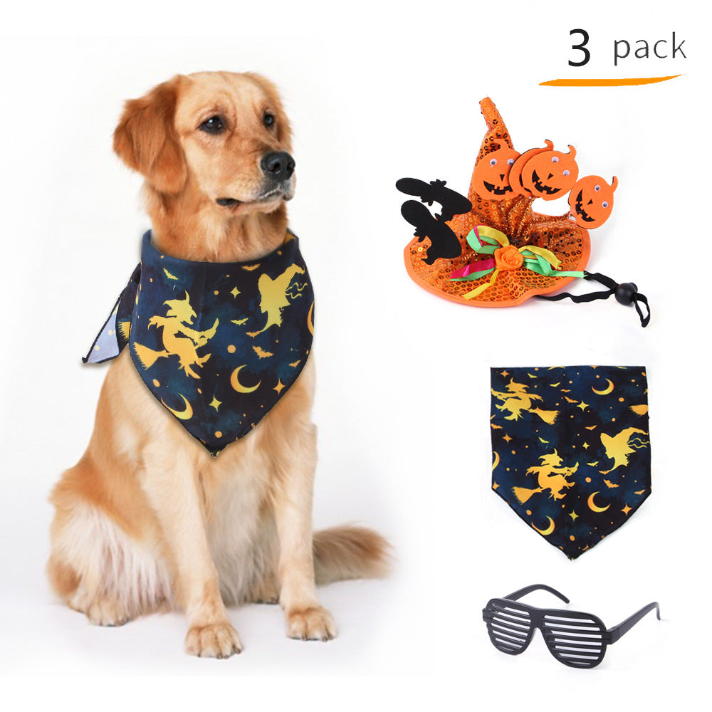 Polyester Dog Halloween Costume Set Witch Hat Bandana Glasses 3 Pack