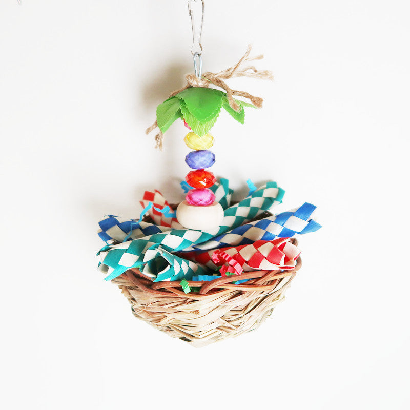 Natural Wood Parrot Chew Toy Straw Hanging Cage Accessory 3