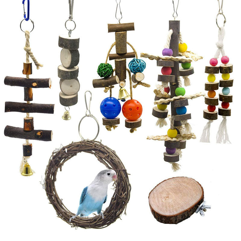 Wooden Parrot Chew Toy Set Hanging Natural Bird Cage Toys 7 Pack